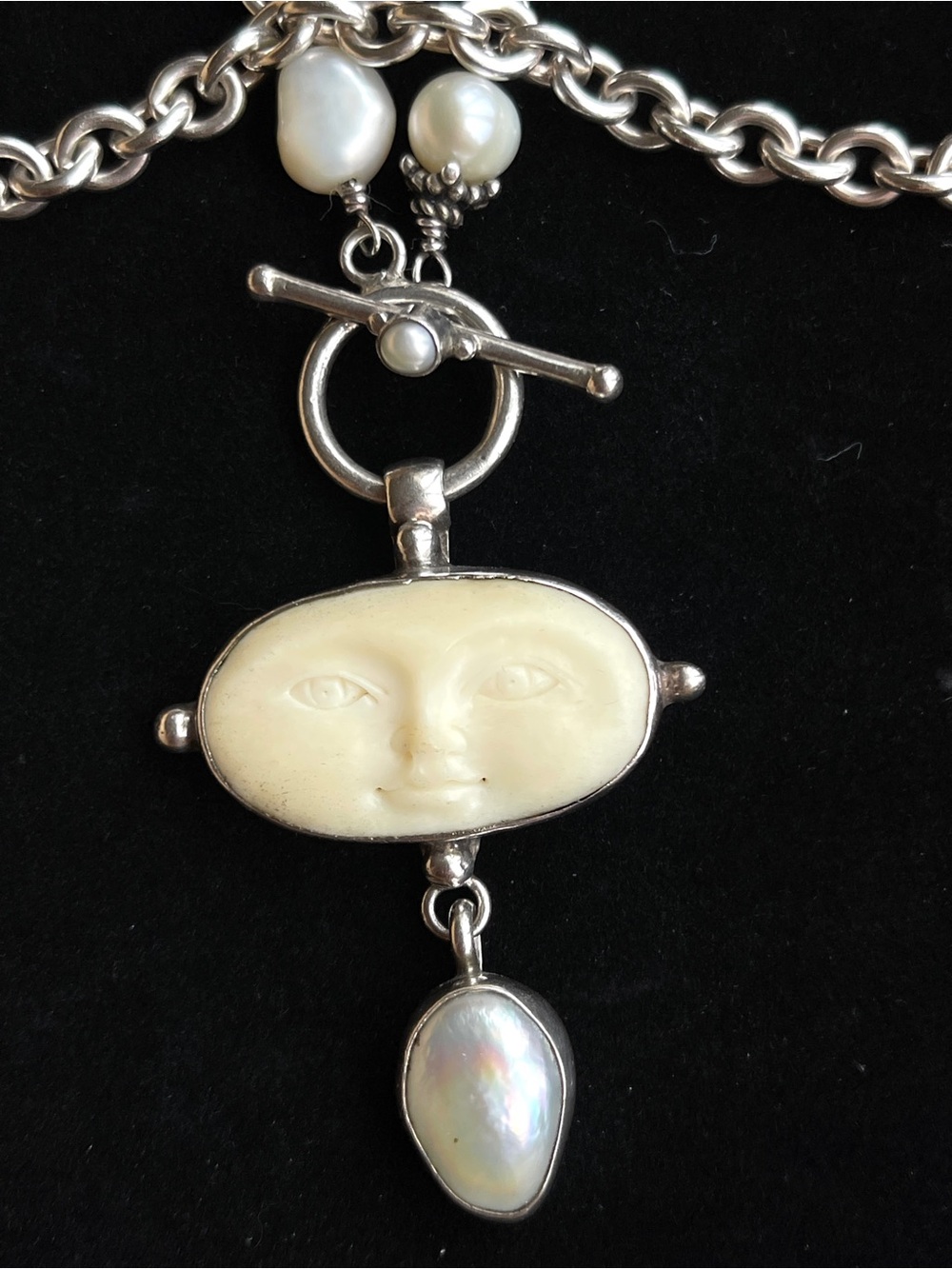 Vintage Handmade Glenda Greenberg Sterling Silver 925 Carved Moon Face Necklace - Picture 3 of 9